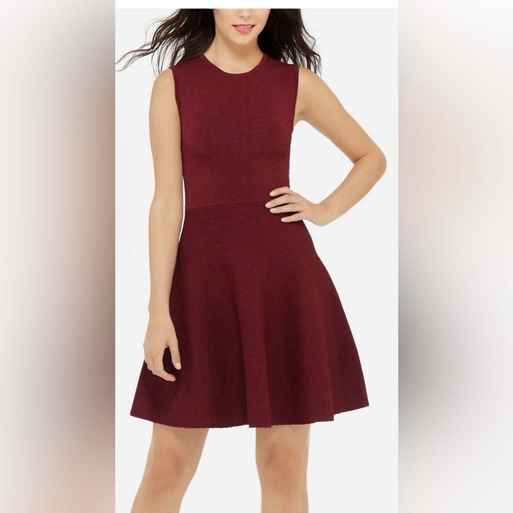Eva Longoria Burgundy Textured Designed Power Knit Fit & Flare Dress Size Large